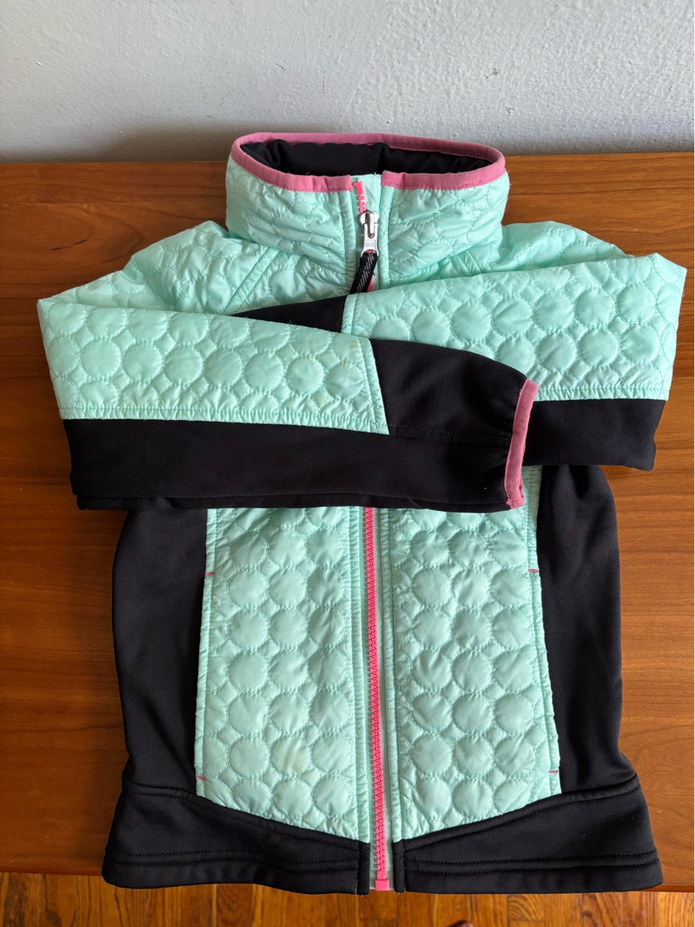 Lands' End Mint Quilted Jacket with Black Panels and Pink Trim